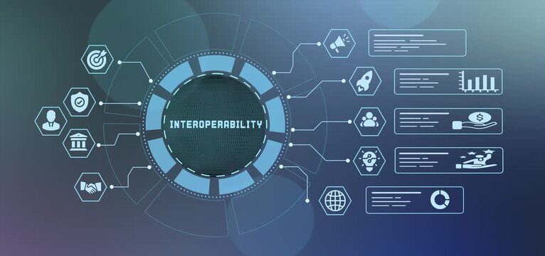 Systems interoperability and cross platform cross functional network integration background with abstract dashboard design.
