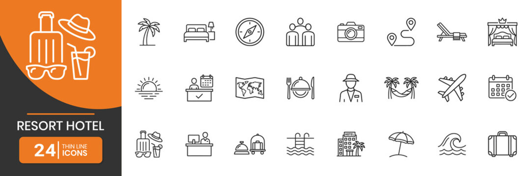 Resort Hotel Hospitality Service Thin Line Icons
