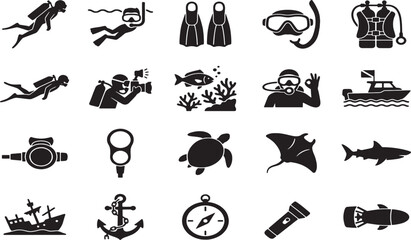 Obraz premium Collection of black silhouette for scuba diving and marine life diver snorkeling fins mask