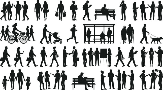 Large set of urban people silhouettes including business professionals pedestrians families cyclists and commuters at a bus stop vector illustration.