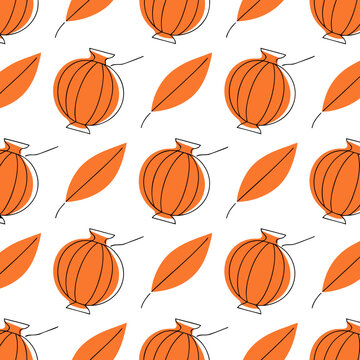 Autumn harvest continuous line art drawing background with pumpkins and falling leaves, seamless pattern for fall season.