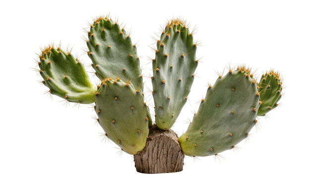 Isolated prickly pear cactus with green pads and sharp golden spines, desert succulent plant
