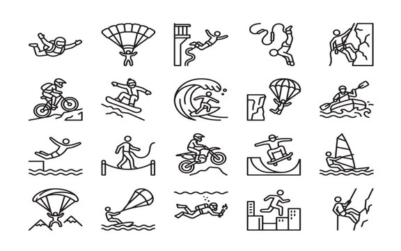 Collection of line depicting extreme sports and outdoor activities skydiving parachute bungee jumping