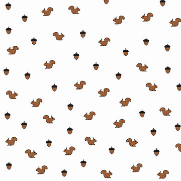 Autumn pattern with cute squirrels and acorns on white background repeating forest animal illustration for kids nursery decor style.