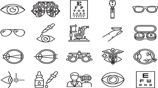 Collection of line representing optometry and eye care, including eyes, glasses, and medical equipment