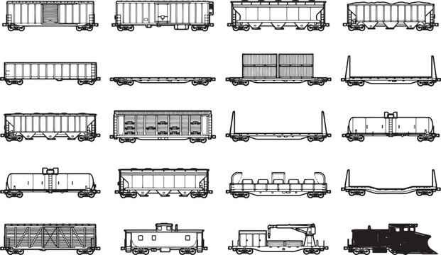 Collection of various cargo and freight train car illustrations, showcasing different types of wagons for transporting goods.
