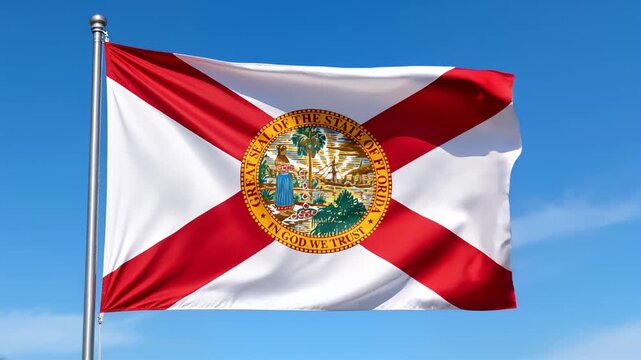 florida flag waving in blue sky. state of florida usa