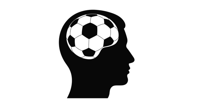 Soccer ball shape replacing brain inside black human head silhouette for sports passion and athletic mindset visual concepts.