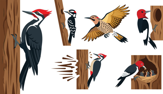 Woodpecker bird vector illustration collection featuring pileated flicker downy and red-headed species pecking wood and feeding chicks in nest