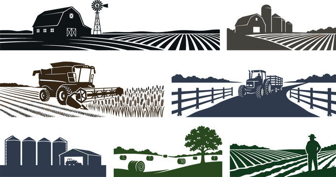Agriculture landscape silhouette set with farm fields combine harvester tractor windmill barn silos farmer and countryside panorama vectors