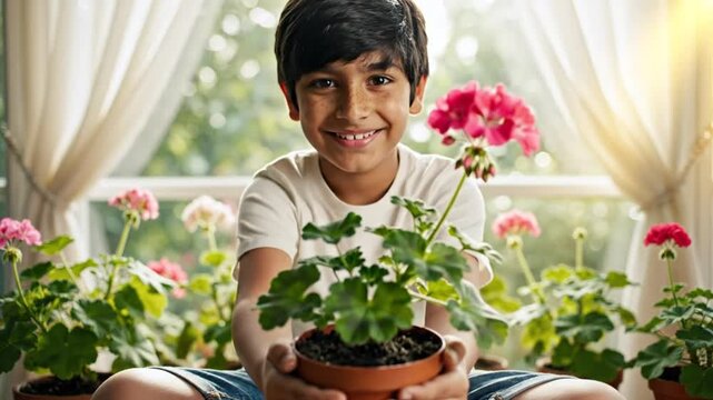 Cheerful young boy with freckles holding a blooming geranium plant in a terracotta pot with a bright smile
