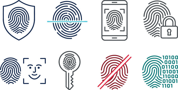 Biometric security line icon set featuring fingerprint scanner cyber data protection facial recognition padlock smartphone and digital identity vector