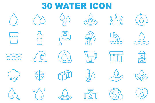 Water icons set line outline collection for UI UX design, hydration, sanitation, plumbing, liquid, droplet, cleaning, eco system symbols, minimal vector pack for web and app interface editable stroke