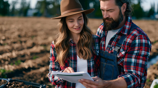 Agroecologist and farmer collaborating over a soil health report comparing carbon sequestration measurements between tillage methods, standing beside a soil sampling kit case at the edge of a crop f