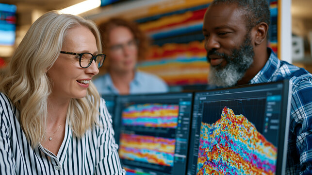Climate scientist and policy analyst reviewing ice core sample data visualizations side by side, large geological timeline printed on a laminated wall chart behind them, research institute cold stor