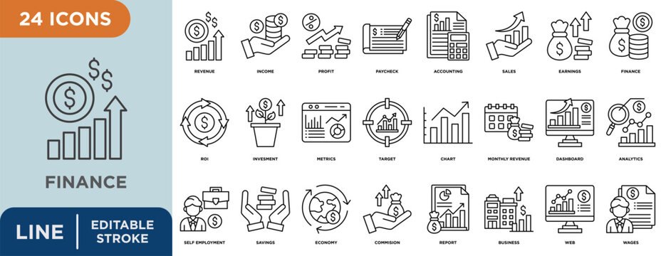Finance  line icon set with editable stroke for revenue, income, profit, paycheck, accounting, and sales