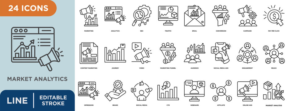Market analytics  line icon set with editable stroke for marketing, analytics, seo, traffic, email, conversion, and campaign
