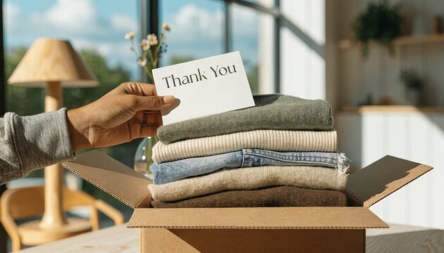 A handwritten thank you note placed over a stack of folded sweaters in an open gift box