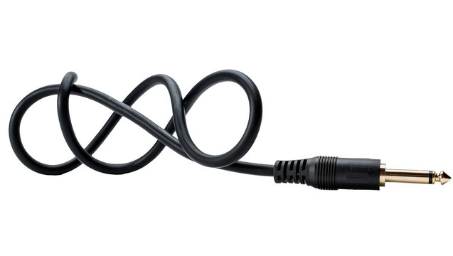 Isolated black coiled audio cable with gold-tipped 1/4 inch TS jack connector for musical instruments