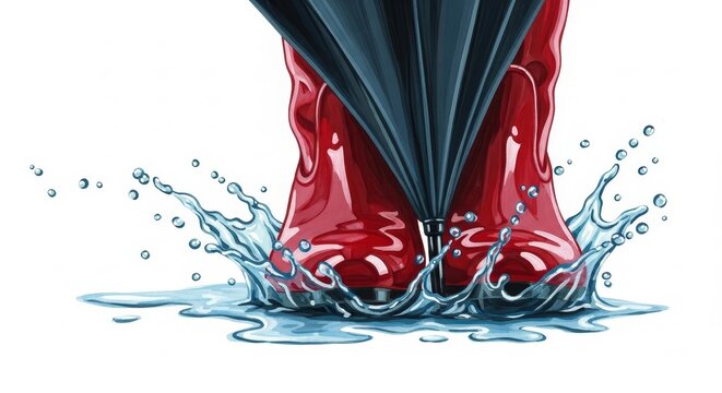 Weather - Red Rain Boots Splashing in Puddle with Closed Umbrella Tip Dynamic Water Droplets Illustration