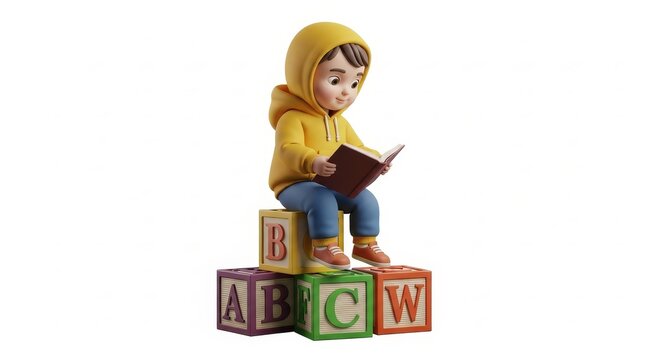 Education - 3D Cartoon Child Sitting on Alphabet Blocks Reading a Book in Yellow Hoodie and Blue Pants