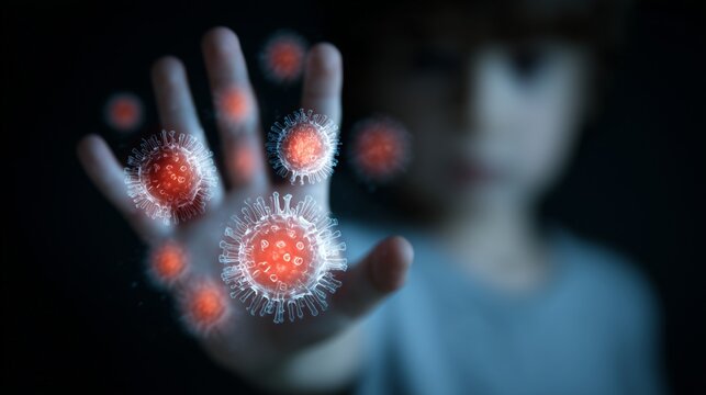 Child hand with illustrated virus particle overlays representing hfmd (hand, foot and mouth disease) viral infection and contagion.