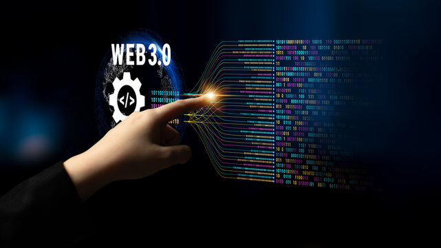 The concept of Web 3.0 development and decentralized data processing. The flow of binary code and information in the next generation internet. Motif
