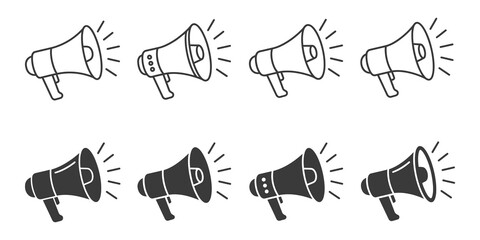 Gray megaphone icons in various shades with lines on transparent background © Shan masih