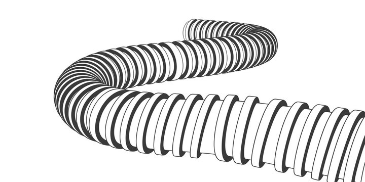 Dark gray coiled tube with ridged texture curving on transparent background