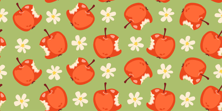Summer green background with red apples and light flowers. Surface design for kitchen fabric, wrapping paper, tiles