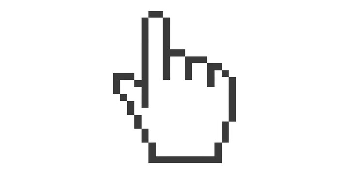 A gray pixelated computer mouse cursor hand icon pointing upwards on transparent background