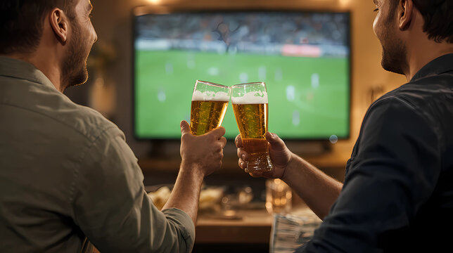 Two friends clinking beer glasses toast celebration soccer TV 
blurred bar living room world cup match day cheers