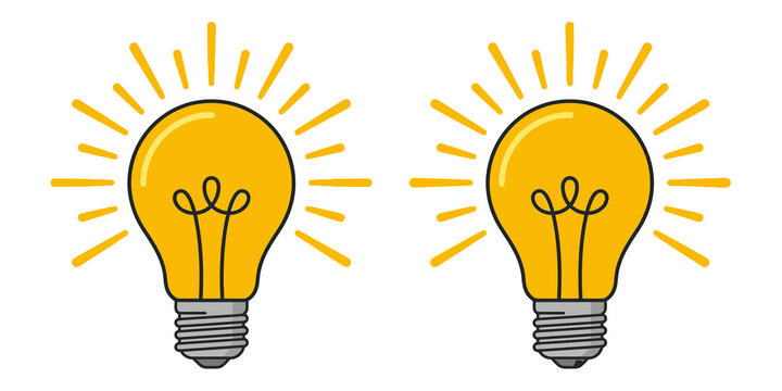 Two bright yellow light bulbs with rays shining on transparent background
