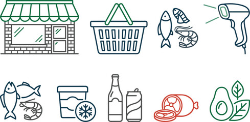 Fototapeta premium Grocery store and supermarket line icon set featuring storefront shopping basket seafood barcode scanner meat and beverage vector