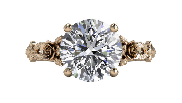 Isolated elegant gold engagement ring with brilliant round diamond and floral rose design