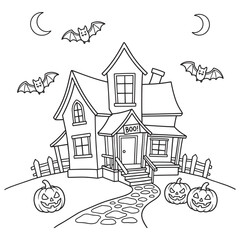 Fototapeta premium Cute Halloween Haunted House with Bats and Jack-o-Lantern Pumpkins Coloring Page Vector Illustration