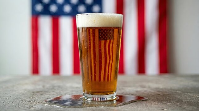 Independence day usa celebration american flag lager in pint glass with spill