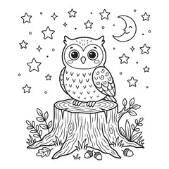 Fototapeta premium Cute Owl Sitting on Tree Stump at Night with Moon and Stars Coloring Page Vector Illustration