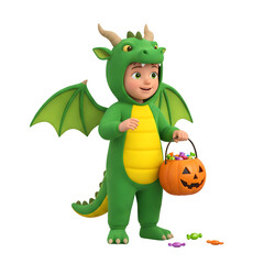 Obraz premium Child in green dragon costume holding a pumpkin candy bucket