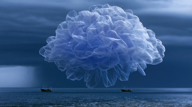 award-winning concept massive transparent plastic bags become ghostly jellyfish above a polluted ocean with small boats and stormy skies, symbolizing plastic pollution