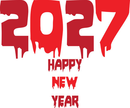 Happy new year 2027 text design with a spooky dripping blood effect, red horror style typography for holiday greeting cards and festive banners