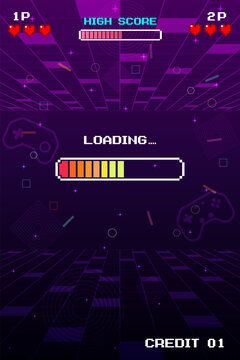 LOADING. pixel art 8 bit. Retro Futurism Sci-Fi Background. glowing neon grid and star from vintage arcade computer game. vertical background.