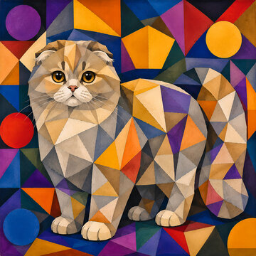 This vibrant geometric painting features a fluffy Scottish Fold cat standing against a colorful, abstract background. Composed of sharp polygons and circles, the art blends cubism with feline charm.
