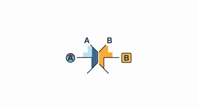 Abstract representation of a transition point, showing inputs and outputs labeled 'A' and 'B'