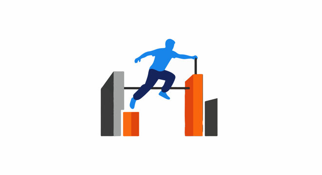 A stylized graphic of a figure in motion, leaping over obstacles