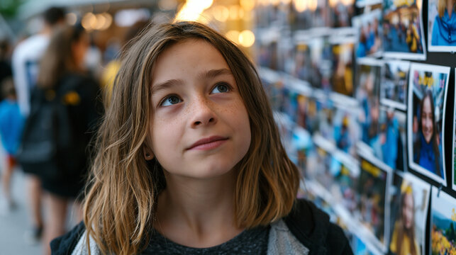 Child aged nine looking up at towering user-generated content gallery wall displaying printed customer photos at brand pop-up event, wide-eyed wonder at the scale of community participation displaye
