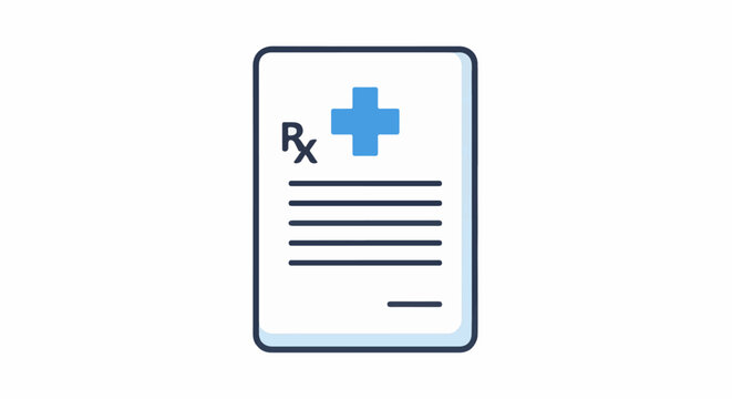 A simple blue cross and Rx symbol adorn a document, suggesting a medical prescription