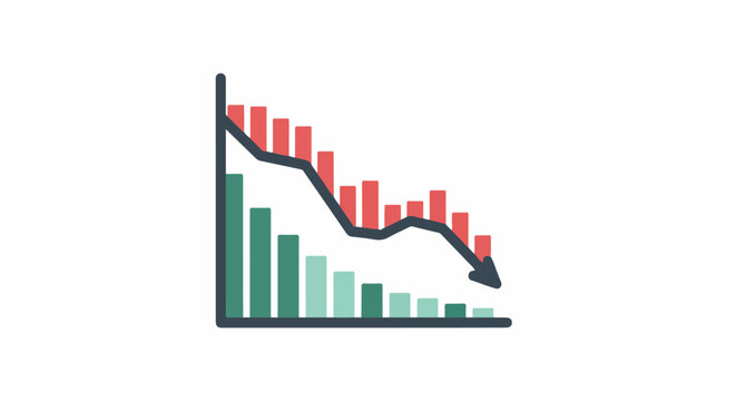 A downward trending bar and line graph with an arrow indicating decline