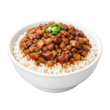 taiwanese braised pork rice, lu rou fan, minced pork rice, isolated, white background, white bowl, taiwanese food, traditional food, asian cuisine, braised pork belly, gourmet, delicious, pork gravy, 