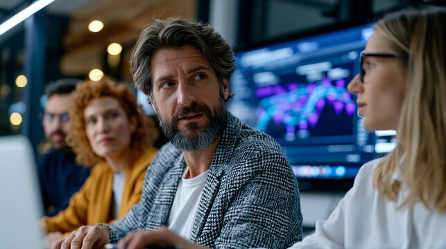 Data analyst presenting attribution modeling diagrams for unmeasured social sharing channels on large conference screen, skeptical marketing team leaning forward examining complex funnel graphics, l